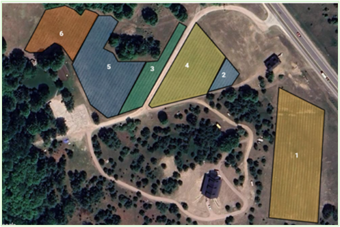 Aerial view of a plot of land, with 6 plots highlighted in different colors and labeled 1 through 6.